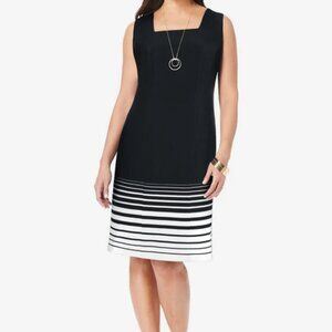 Jessica London Square Neck Black and White Striped Hem Sleeveless Midi Dress